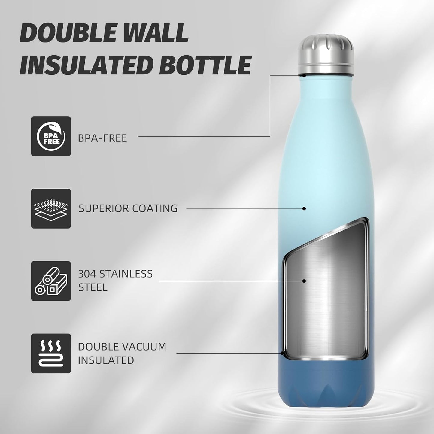 WATERSY Stainless Steel water bottles,17oz/500ml Insulated Water Bottles,Deep Blue metal water bottle Keeps Drink Cold and Hot,BPA Free kids water bottles for School,Gym,Travel,Sports