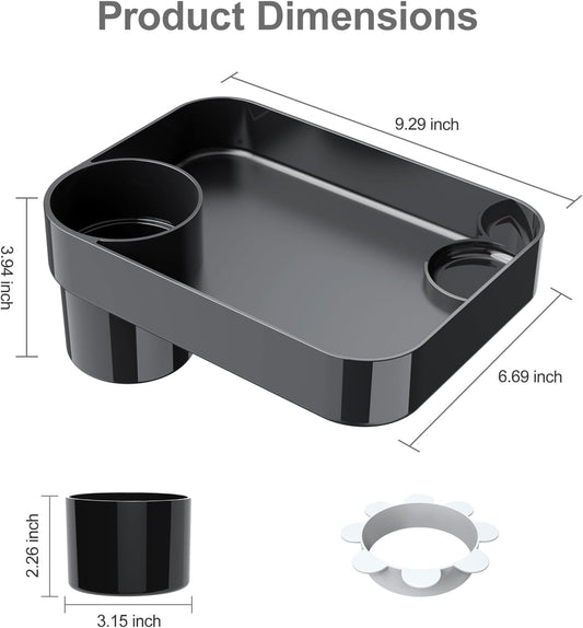Car Seat Snack Tray for Toddlers - 3 Inch Cup Holder Fits Most Sippy Cups & Straw Bottles with Dip Well, Mess-Free Square Kids Travel Tray Road Trip Essentials, Black