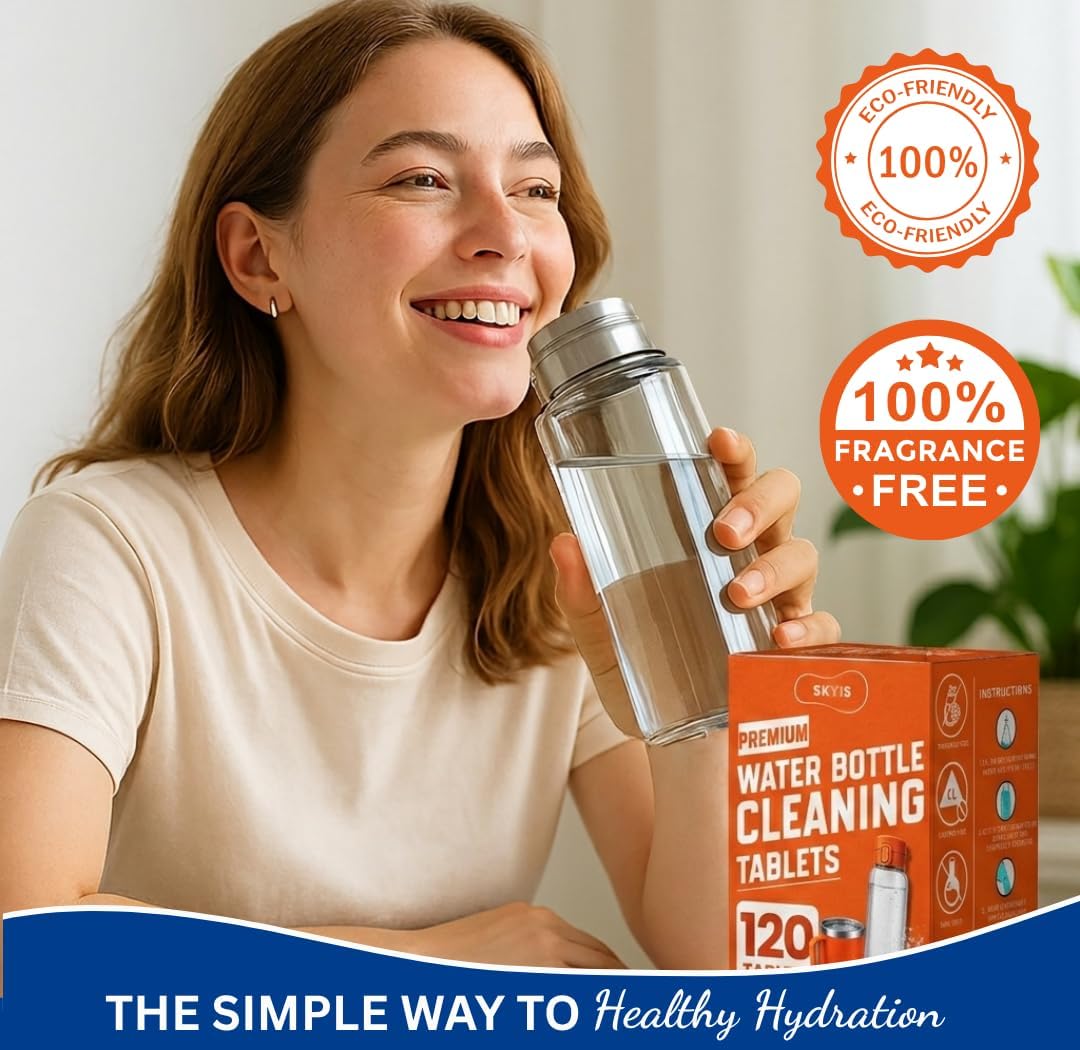 Skyis Water Bottle Cleaning Tablets 120 Pack, Up to 2 Years Supply, No Scrub Bottle Cleaner for Stainless Steel, Tumbler, Hydration Bladder, Coffee Mug, Removes Odor & Stains