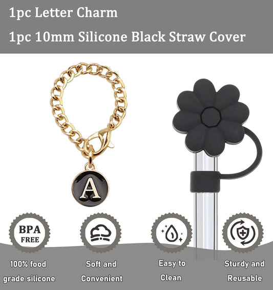 Stanley Cup Accessories, 1pc Flower Stanley Straw Cover Silicone Straw Topper for Stanley 30&40 oz Tumbler with Handle and 1pc Initial Letter Charm for Stanley Cup (Letter D)