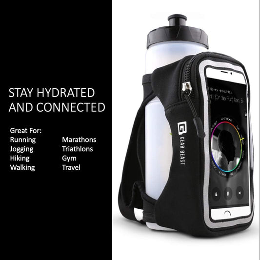 Gear Beast Running Water Bottle - 23 oz Reusable, Portable Water Bottle for Running, Walking, Hiking, Gym and Travel w/Zippered Phone Holder