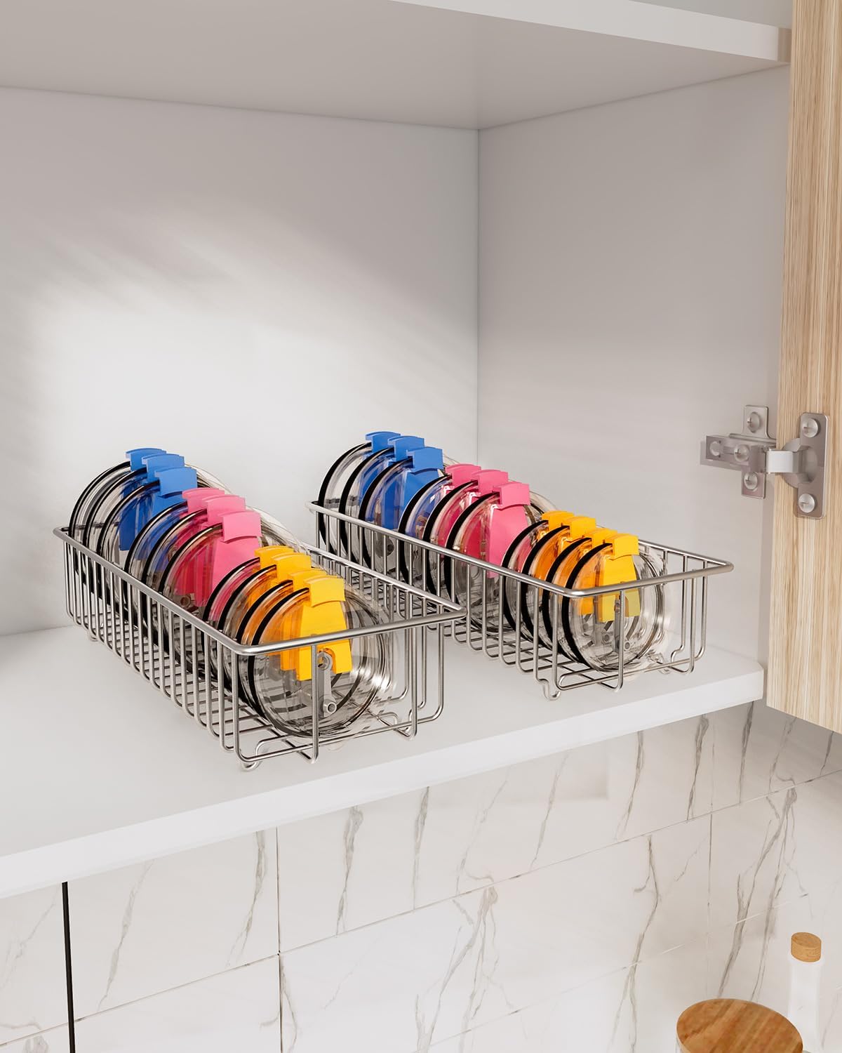 YQh tumbler lid organizer, Stainless Steel Kitchen Container Cover Holder, Cup Lid Organizer, Inner Tumbler Lid Storage Rack in Drawer, 3 Compartments, 304 Stainless Steel, Durable Non-Rusting