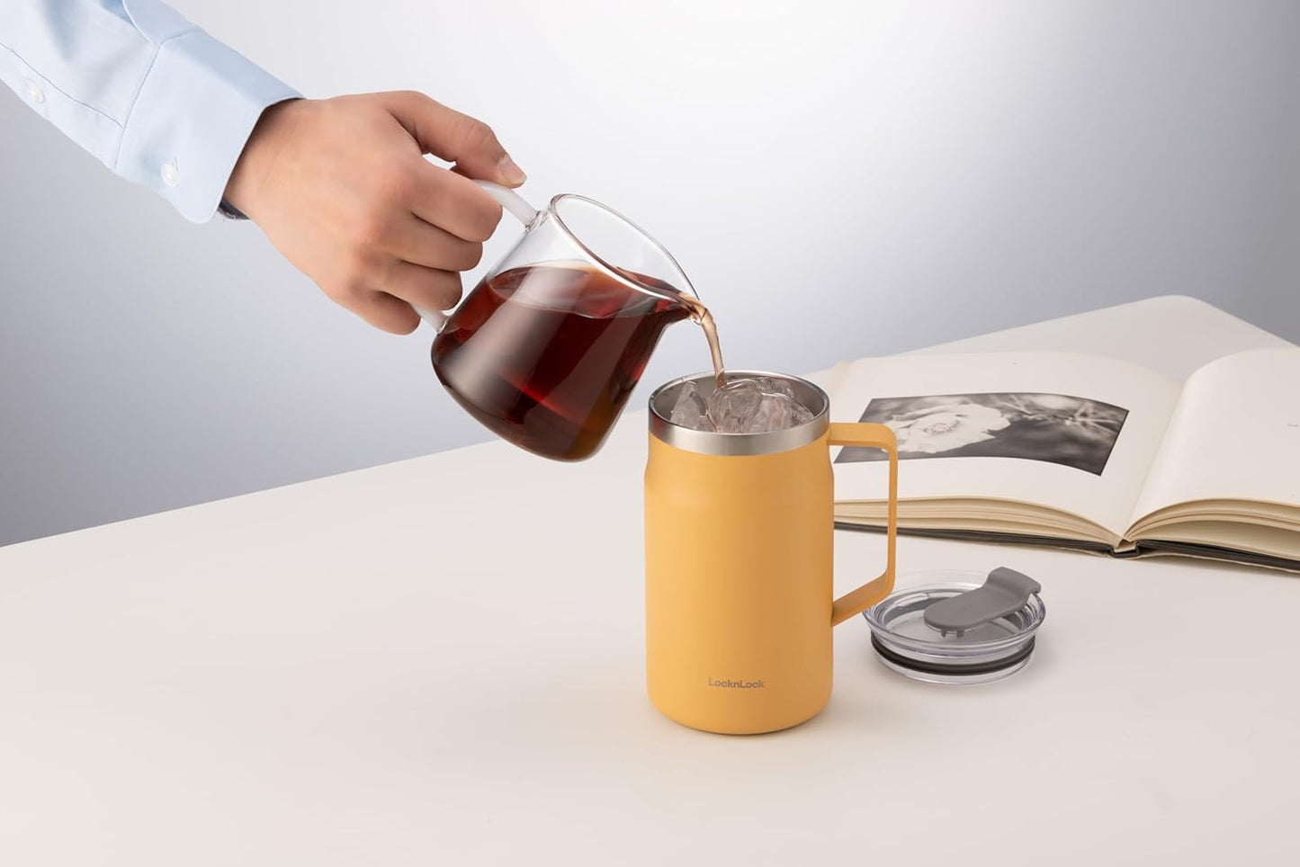 LocknLock Metro Mug Premium 18/8 Stainless Steel Double Wall Insulated with Handle Perfect for table with Lid, Black, 16 oz