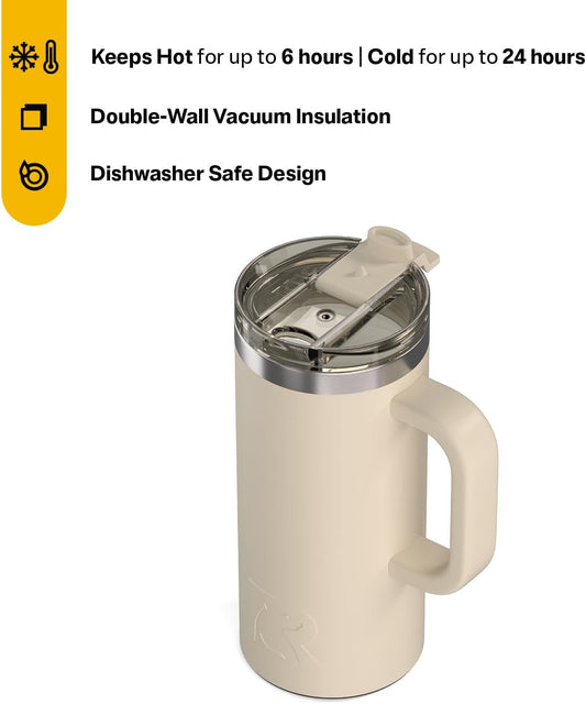 RTIC 20oz Road Trip Travel Mug with Lid and Handle, Ceramic Lined, Insulated, Stainless Steel, Metal, Double Wall Vacuum-Insulation, Portable Coffee, Tea Cup for Hot and Cold Drink, Black