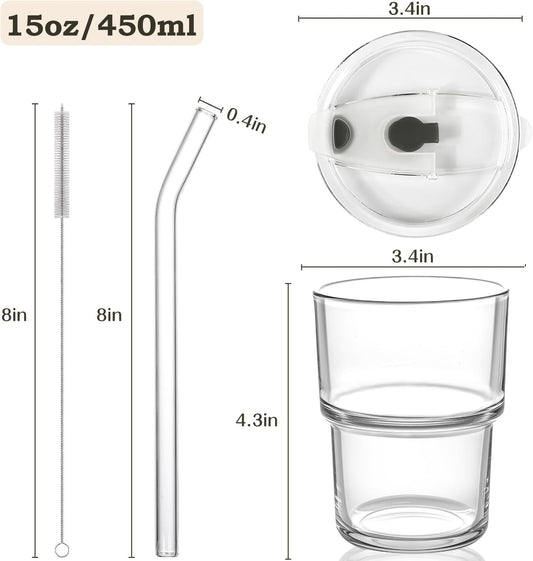 15oz Iced Coffee Cups with Lids Reusable,2Pcs Glass Matcha Cups,Glass Cups with Lids and Straws,Clear Glass Coffee Tumbler for Drinking Water,Tea,Juice