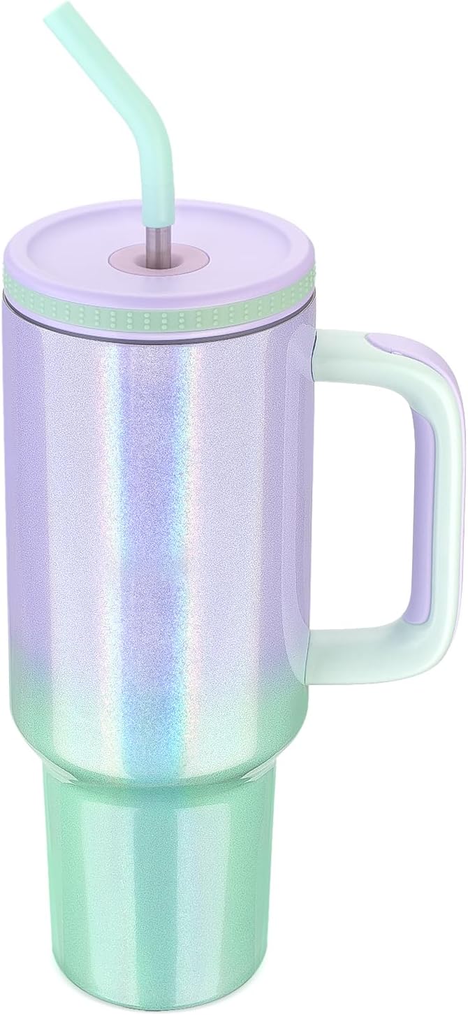 Zukro 40 oz Tumbler with Handle and Straw, Vacuum Insulated Stainless Steel Cup Fits in Cupholder for Travel, Home, Office - No Sweat & Keep Drinks Cold - Dishwasher Safe & BPA Free