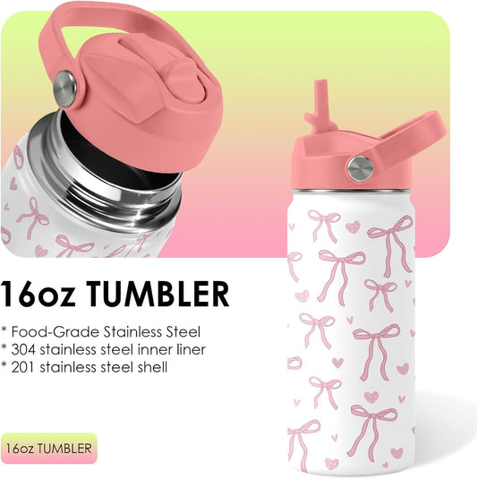 Strawberry Gifts for Kids - 16oz Pink Kids Water Bottle with Straw Lid, Stainless Steel Insulated Water Bottle, Leakproof, BPA-Free, for Girls, School, Strawberry Lover Children Birthday Gift Cup(1pc)