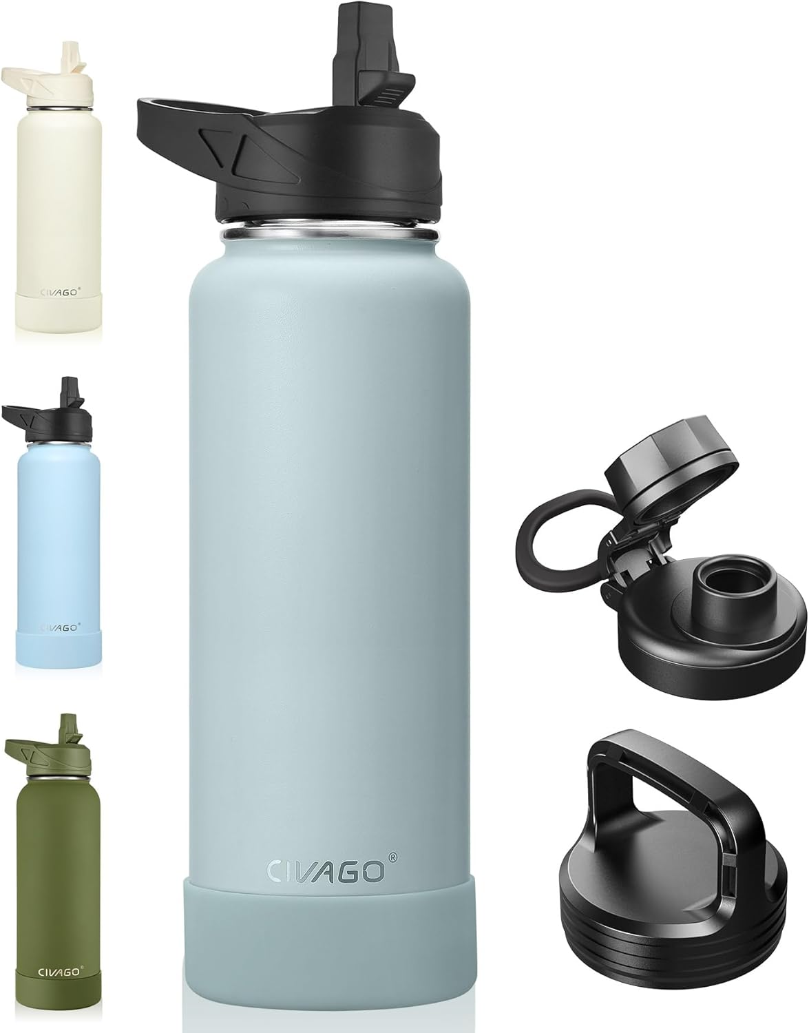 CIVAGO 32 oz Insulated Water Bottle With Straw, Stainless Steel Sports Water Cup Flask with 3 Lids (Straw, Spout and Handle Lid), Wide Mouth Travel Thermal Mug, Black