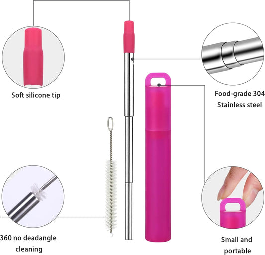 NAIVELY-Metal Reusable Straws 3 Pack Collapsible Portable Stainless Steel Drinking Straw Telescopic Travel Straw, with Case and Cleaning Brush Foldable Pocket Straws