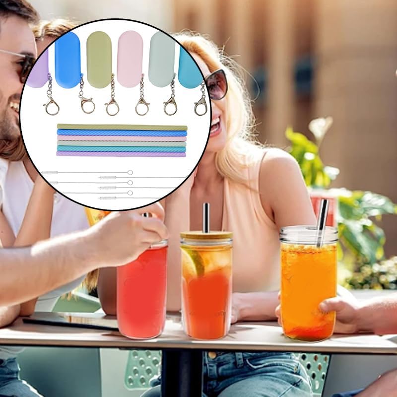 6 Sets Silicone Reusable Straws with Cases & Cleaning Brushes, Foldable Portable Travel Straws for for Travel & Party Cold or Hot