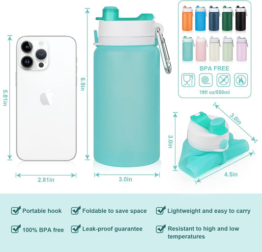 PLTCAT Collapsible Water Bottle, 19oz Foldable Bottle BPA Free Reusable Lightweight Leak-Proof Travel Silicone Water Bottle for Travel, Gym, Hiking, Office, Camping