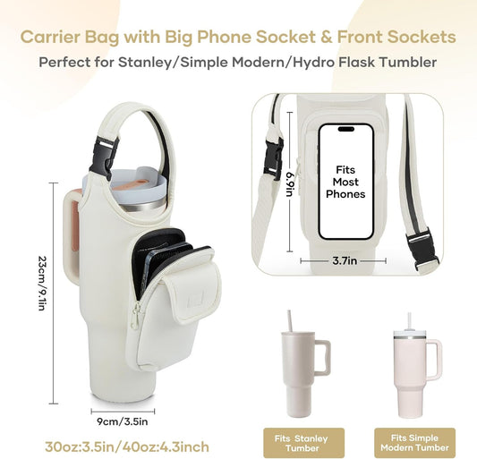 Bufilea Carrier Bag with Phone Holder Pockets for Stanley 40/30oz Tumbler with Handle, Insulated Neoprene Crossbody Bag Cup Holder w/Shoulder & Handheld Straps Fits Stanley Cup Accessories