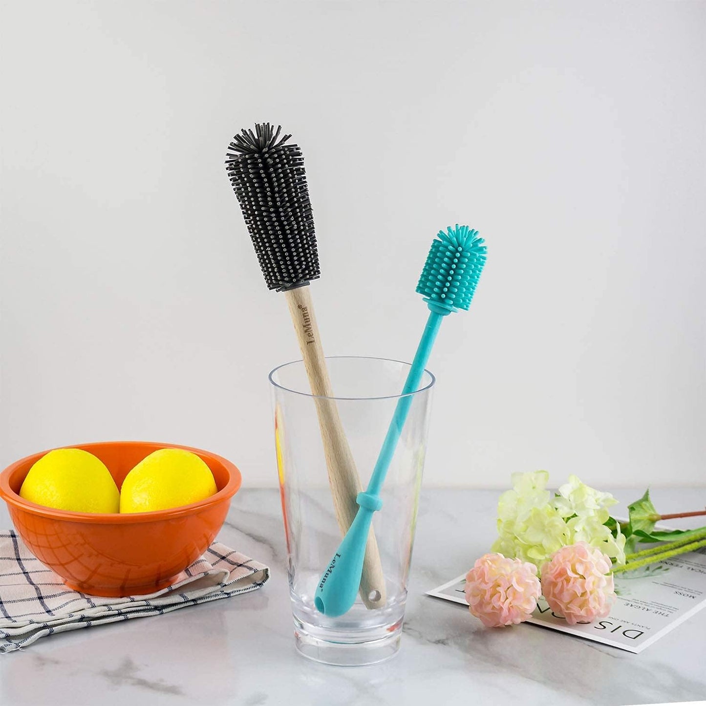Silicone Bottle Brush Set with Wooden Handle - Silicone Brush & Straw Cleaner for Hydro Flask, Sports Bottle, Glassware