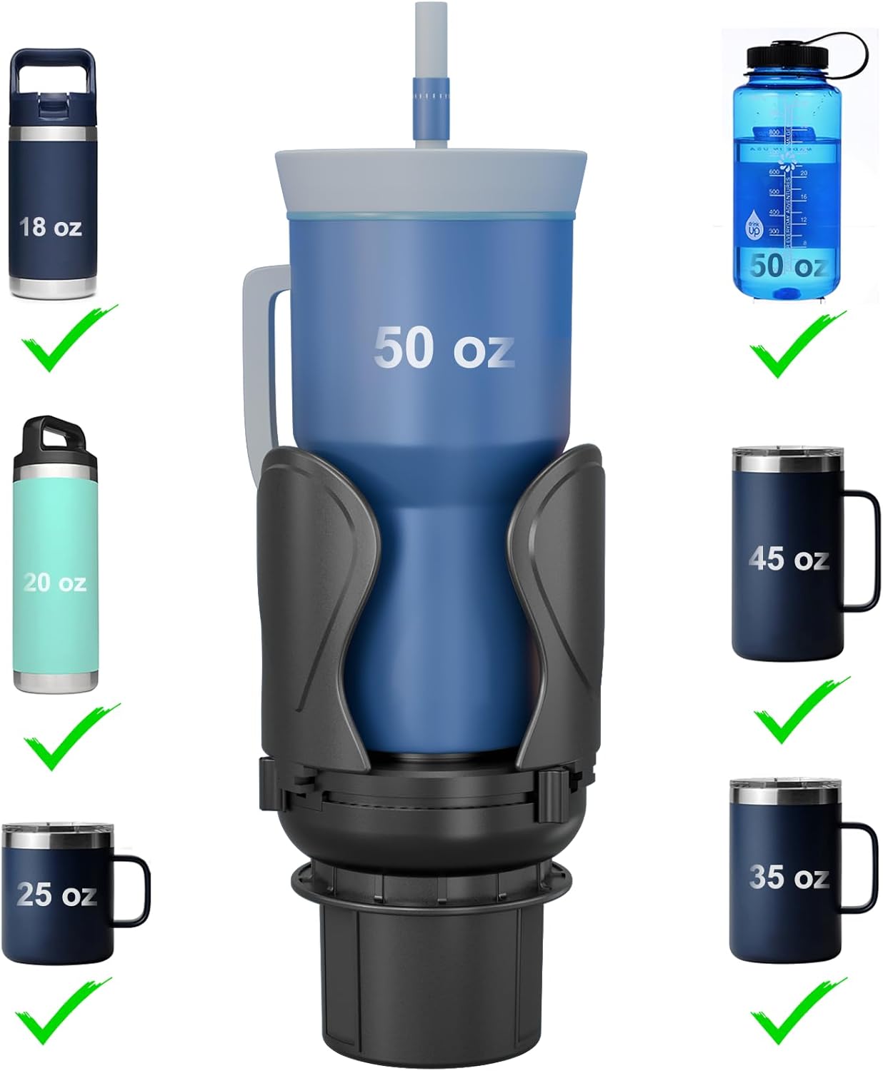 Car Cup Holder Expander, Cup Holder Extender Adapter with Expandable Arm and Adjustable Base, Compatible with Yeti Ramblers 14-64oz, Hydro Flasks 18-64oz Most Coffee Mugs Bottles & Cups