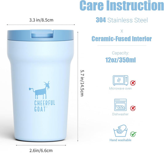 CHEERFUL GOAT Insulated Coffee Mug – Stainless Steel Travel Coffee Tumbler with Ceramic Liner, 12oz Coffee Cup for Hot and Cold Water Coffee at Home, Office, or On the Go (orange)