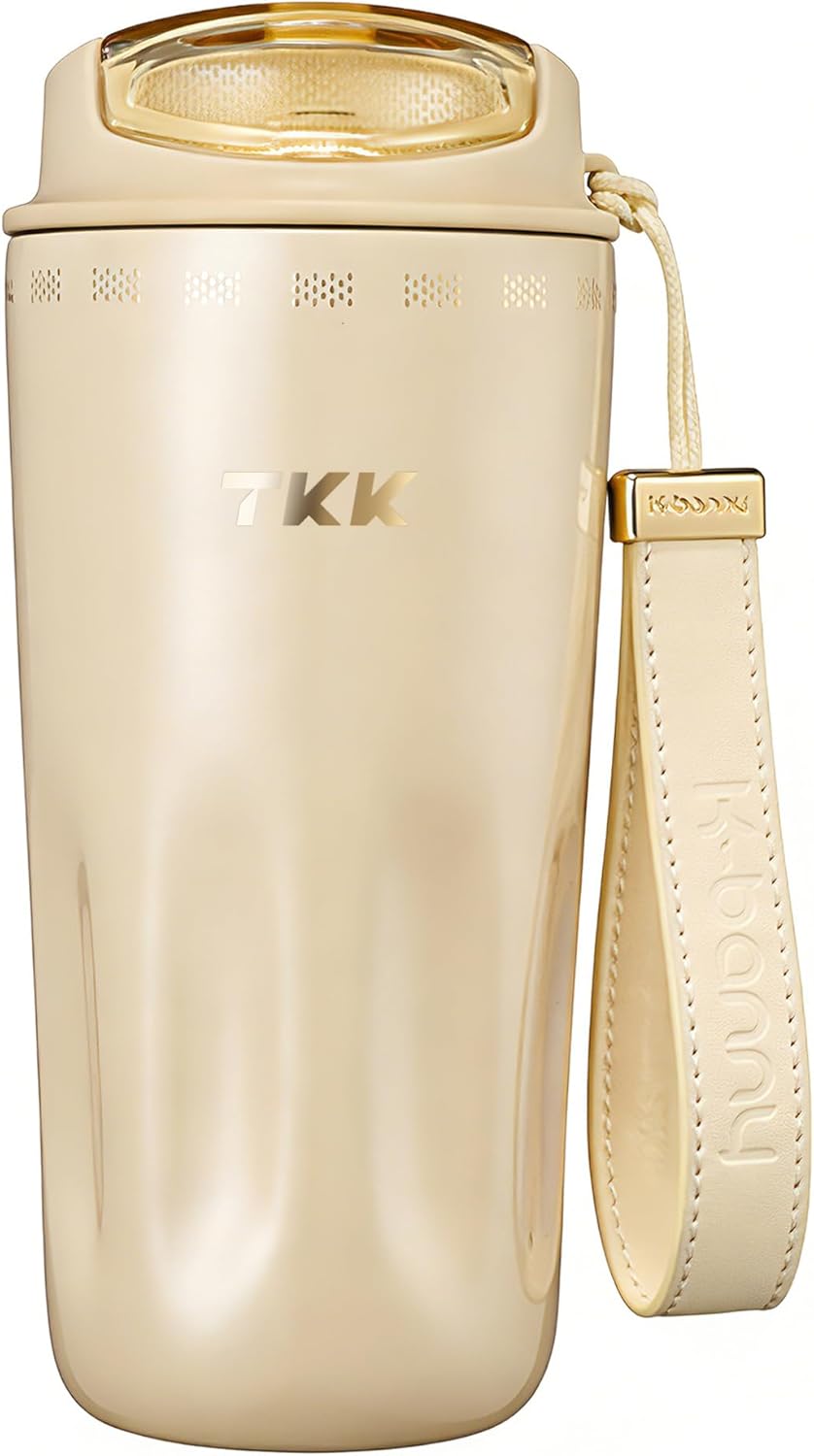TKK 16oz Travel Coffee Mug, Ceramic Coated Interior, 316 Stainless Steel Liner, Leakproof Flip Lid, Vacuum Insulated Tumbler with Carry Strap, Reusable Cup for Hot & Cold Drinks
