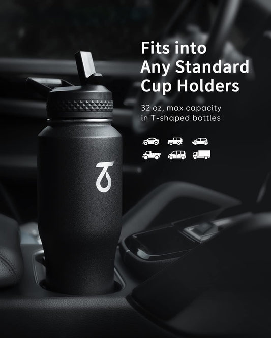 Trebo 40 oz Water Bottle Insulated Fit Car Cup Holder with Handle, Stainless Steel Water Bottles Tumbler with Spout Straw Lids, Double Wall Travel Reusable Flask, Leakproof Mug,Keep Cold &Hot,Black