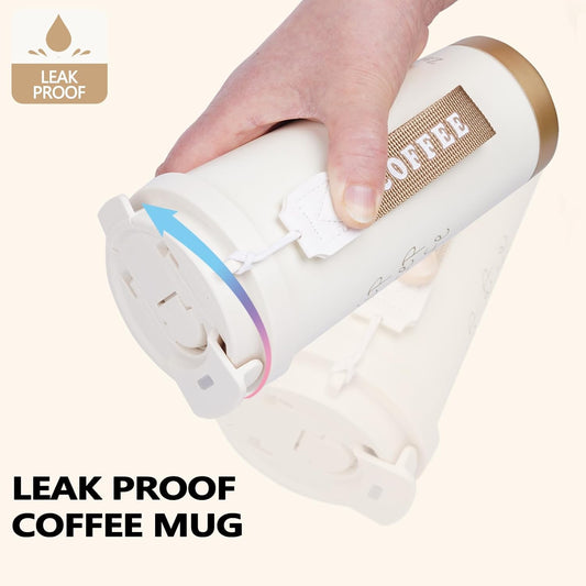 Insulated Coffee Mug with Ceramic Coating, 18 oz Ceramic Lined Travel Coffee Mug with Leakproof Lid, Double Wall Stainless Steel Hot & Cold Drinking Cup for Office Camping Travel, White