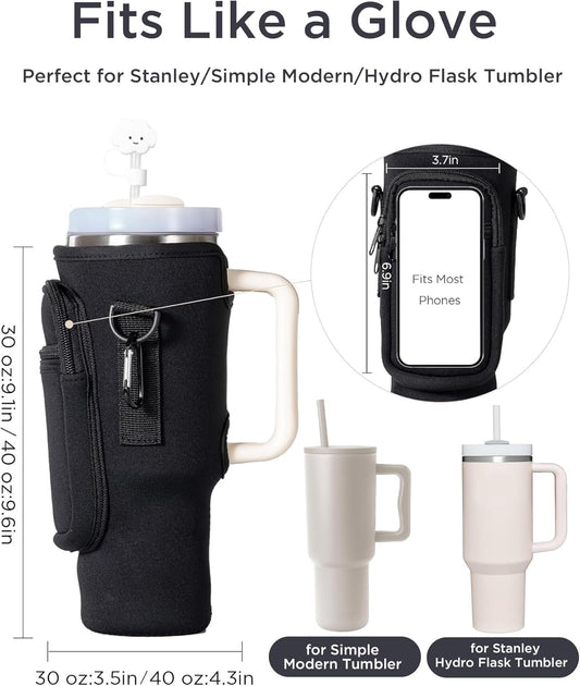 dabria Water Bottle Carrier Bag with Phone Pocket for Stanley 40/30 oz Tumbler Neoprene Water Bottle Holder Pouch with Adjustable Strap Bollus with Straw Cover for Stanley Cup Accessories