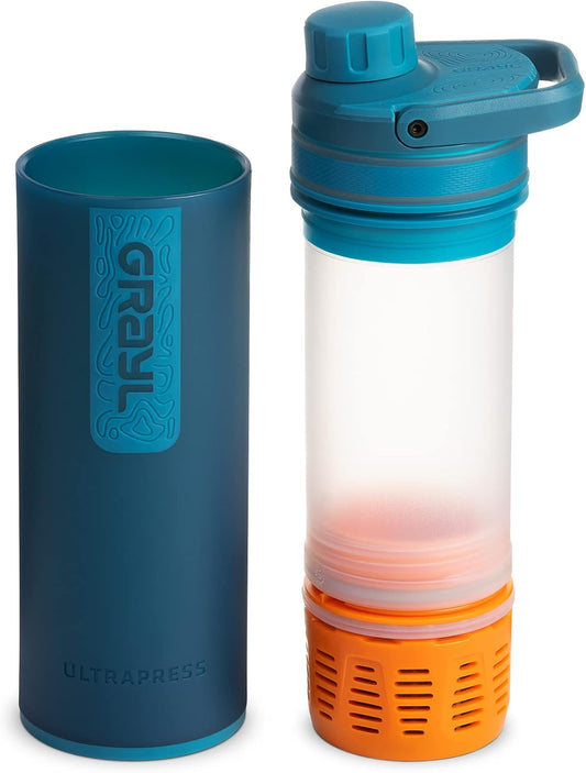 GRAYL UltraPress Water Purifier & Filter Bottle for Hiking, Backpacking, and Travel (Forest Blue)
