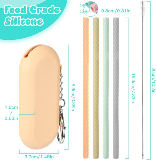 Meanplan 4 Sets Reusable Travel Straw, Silicone Straws with Case, Cruise Ship Essentials, Travel Portable Drinking Straw Set with 4 Carry Case, 4 Cleaning Brushes for Travels and Party Cold or Hot