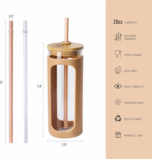 Kodrine 20oz Glass Water Tumbler with Straw and Lid, Bamboo Lids Water Bottle, Iced Coffee Cup Reusable, Wide Mouth Smoothie Cups with Protective Silicone Sleeve BPA FREE-Black - Colors A