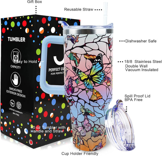 Butterfly Tumbler 40 oz Tumbler with Handle Straw Lid Leak Proof