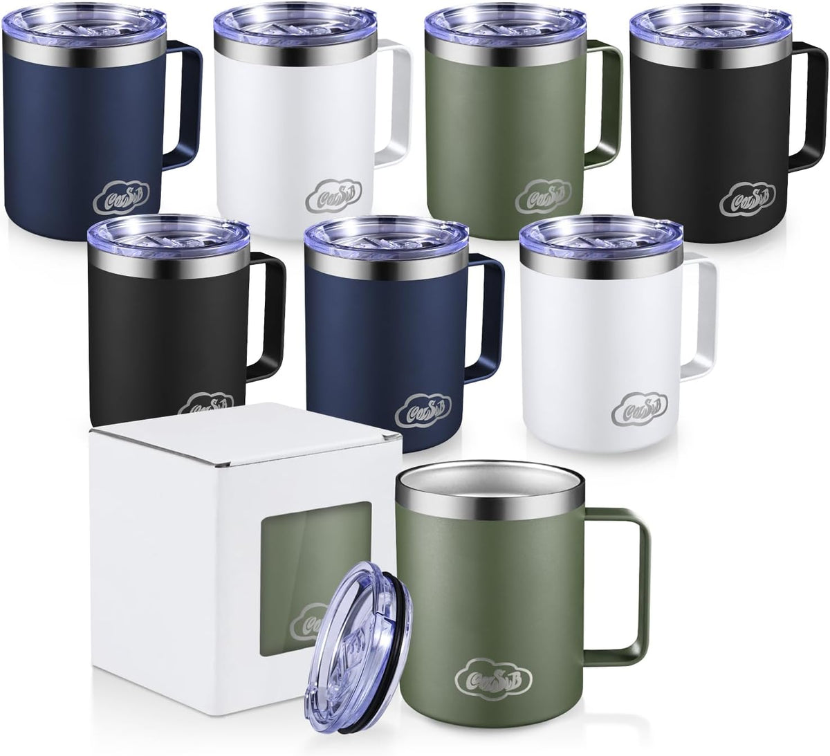 12oz Insulated Coffee Mug with Handle, Stainless Steel Wide Mouth Travel Tumblers with Lid, Double Wall Vacuum Coffee Cup for Camping, Office, Army Green 4 Pack