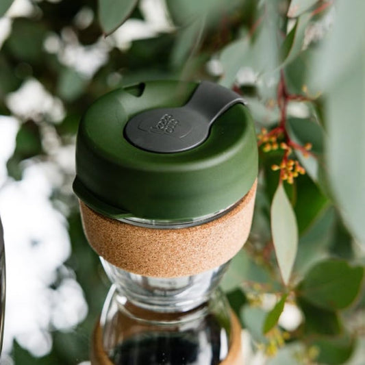 Brew Cork Reusable Coffee Cup, 12 oz Glass Tumbler with Cork Band and Splashproof Lid, Dishwasher Safe, Pine