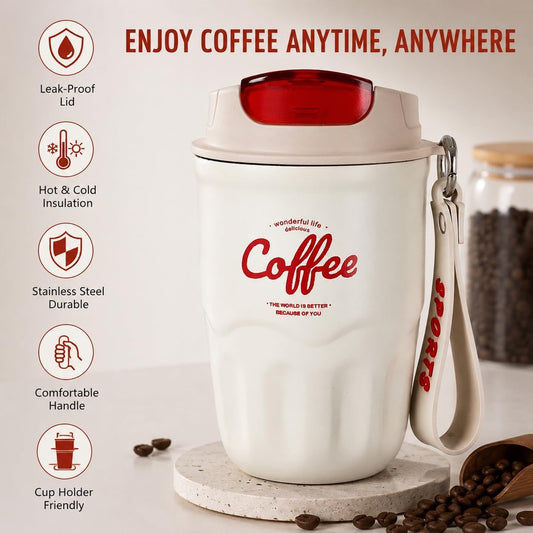 Coffee Vacuum Flask, 2026 New Portable Travel Insulated Coffee Mug with Lid & Handle, Spill & Leak Proof, Stainless Steel Insulated Water Bottle for Hot and Cold Drinks (Red, Standard)