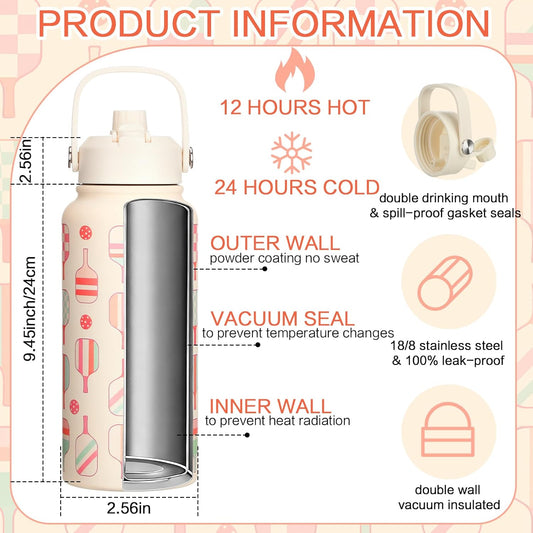 Sliner Dinkball Water Bottle 32oz Teacher Appreciation Gifts Stainless Steel Insulated Vacuum Water Bottles with 2-in-1 Straw and Spout Lid Sport Tumbler Bottle for Teachers Gifts Birthday Women Girls