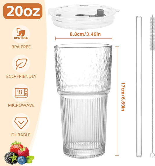 20oz Glass Tumblers with Lids and Straws,2PCS Glass Cups with Lids and Straws,Iced Coffee Cups with Lid,Drinking Glasses for Juice, Smoothies