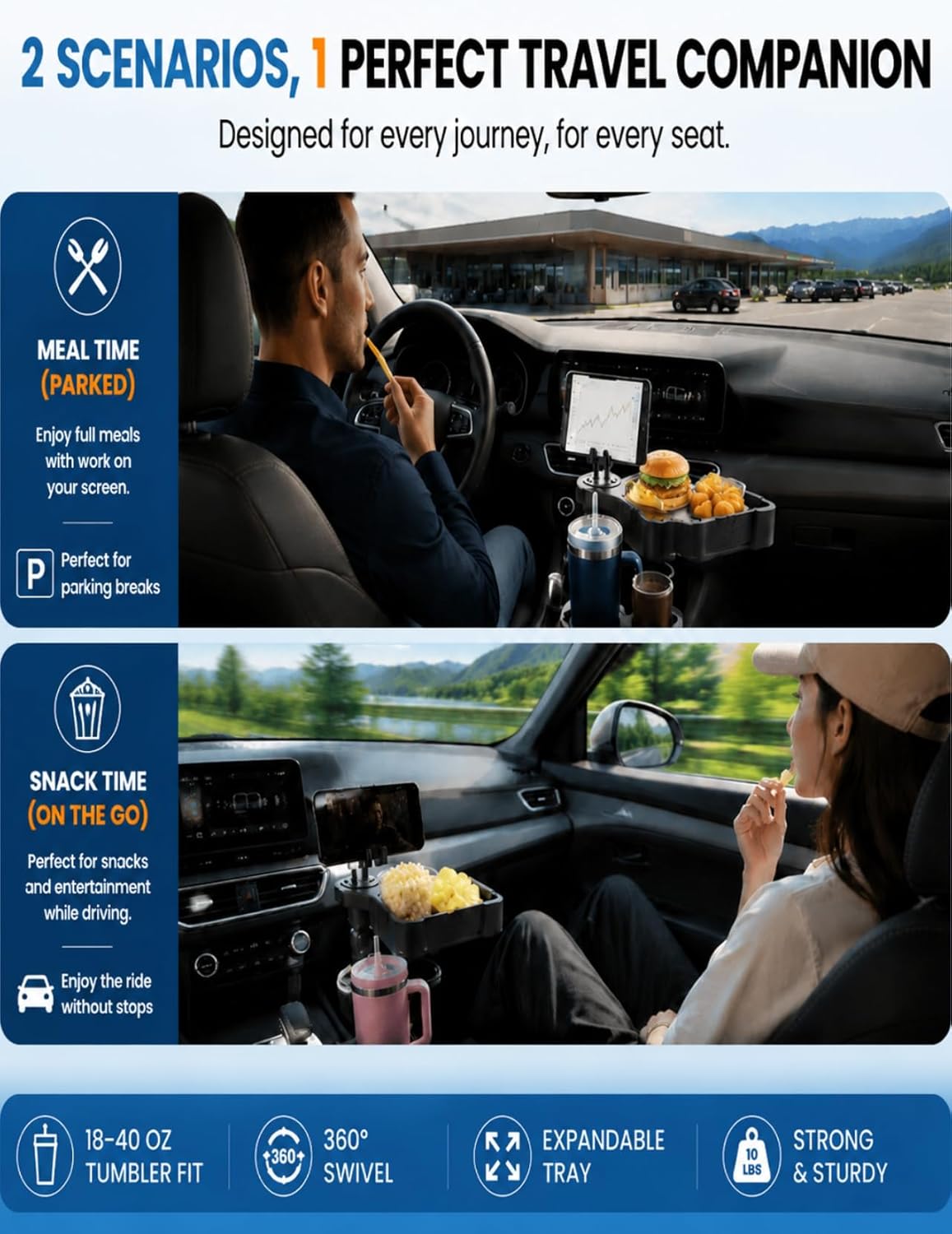 Car Cup Holder Tray, 10 Inch 4-in-1 Cup Holder Tray, 360° Rotating Drink Holder Expander with Detachable Food Tray & Phone Holder, Road Trip Essentials