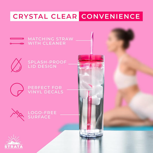 STRATA CUPS 12 Colored Skinny Tumblers with Lids and Straws | 16oz Reusable Cup Double-Wall Clear Tumbler with Lid and Straw, Durable Acrylic Tumblers With FREE Straw Cleaner & Name Tags