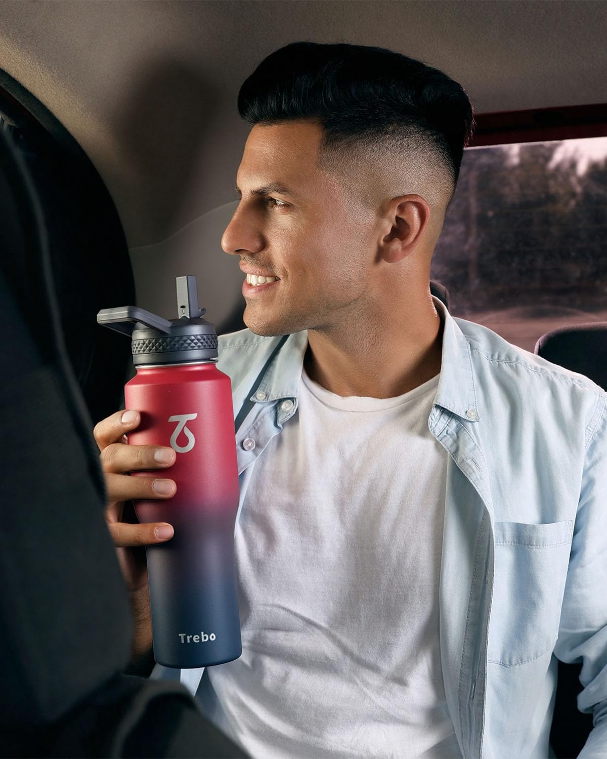 Trebo 40 oz Water Bottle Insulated Fit Car Cup Holder with Handle, Stainless Steel Water Bottles Tumbler with Spout Straw Lids, Double Wall Travel Reusable Flask, Leakproof Mug,Keep Cold &Hot,Black