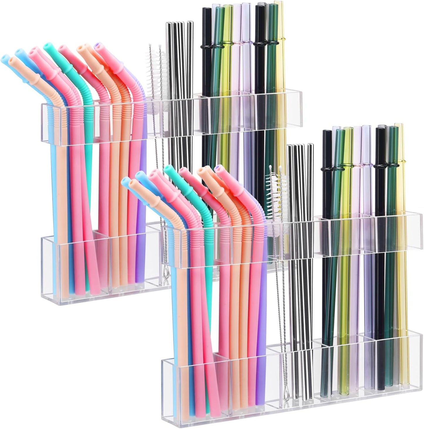 9.5” Large Acrylic Straw Holder for Cabinet Door - Ultra Sticky Adhesive Squares, Reusable Adjustable Organizer for Straws, Fits Kitchen Counter, Cupboard, Storage Dispenser(Transparent) (1 PACK)