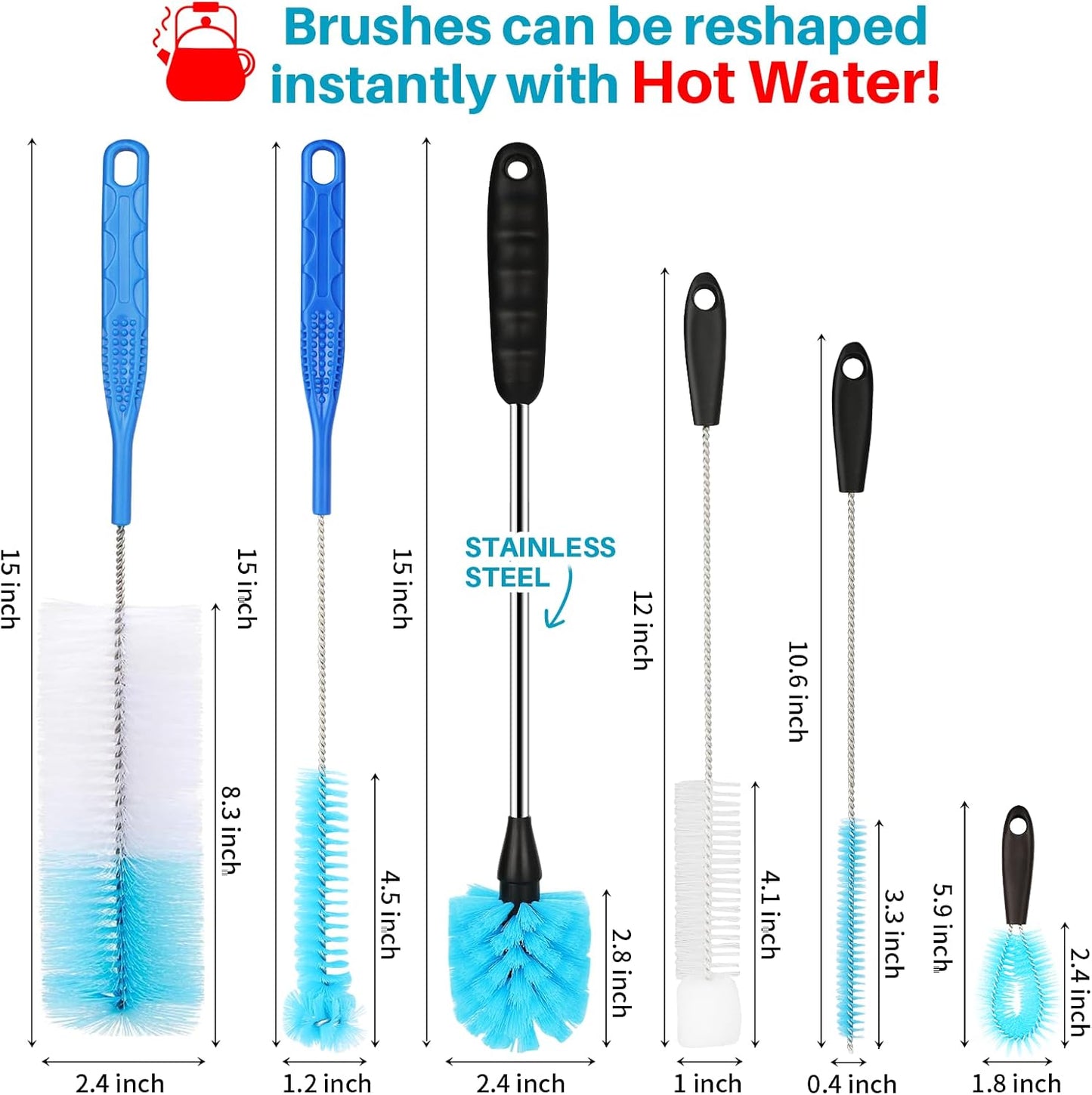 5 Pack Bottle Cleaning Brush Set, Stainless Steel Scrub Cleaner Brush with 14'' Long Handle and 3 Straw Brushes, Flexible for Cleaning Sport Water Bottles, Straws, Coffee Mug, Cups, Baby Bottle