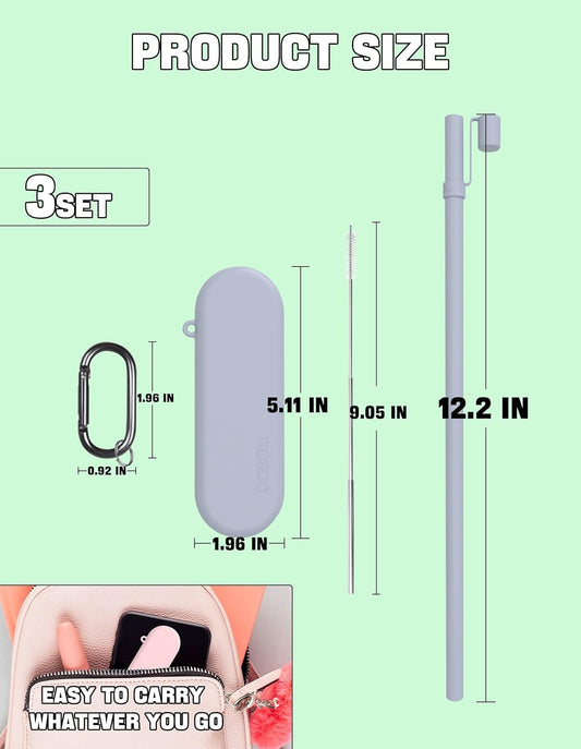 Doboli Reusable Straws with Case,12 inch Long Silicone Reusable Straws with Case, Portable Straw Foldable Drinking Travel Straw, Compatible with Stanley Owala 40 oz 30 oz Cup Tumbler 3 Set