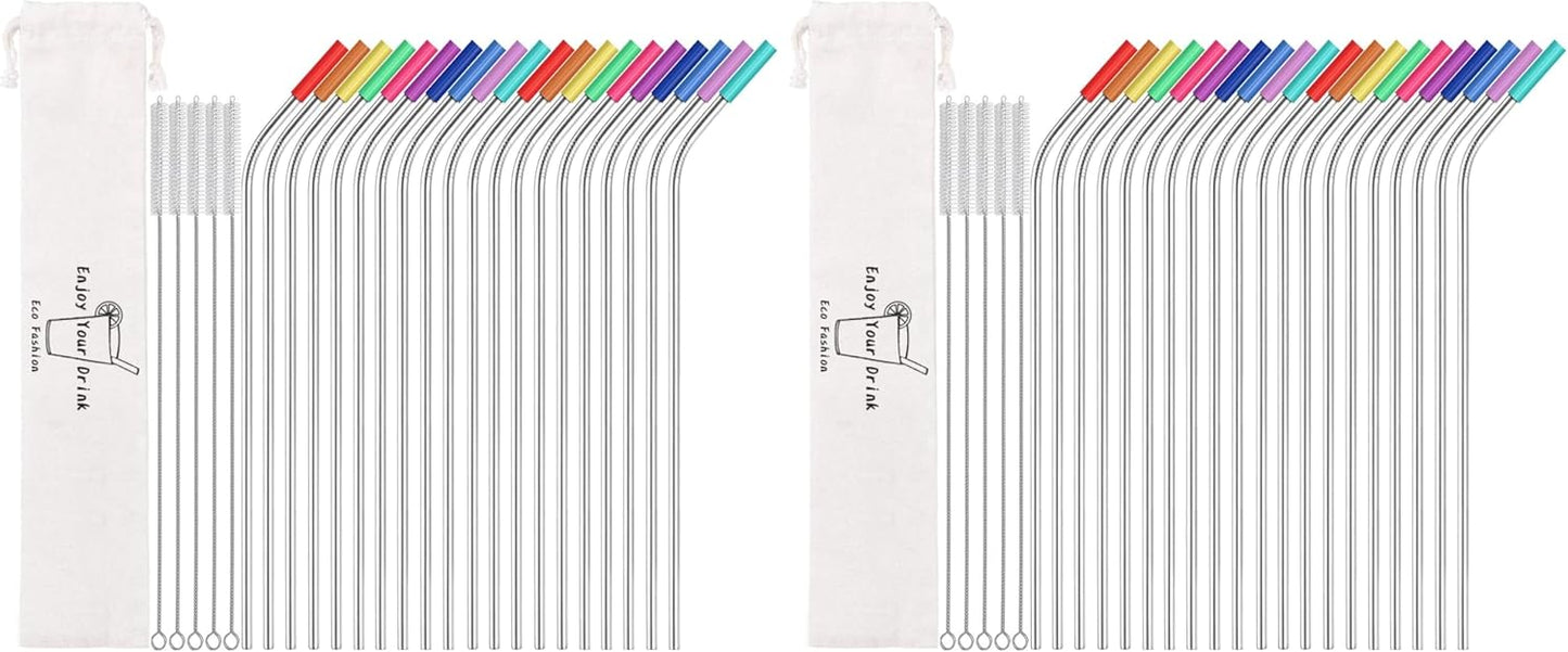 MUTNITT Set of 20 10.5" Reusable Bent Stainless Steel Straws with 20 Silicone Tips 5 Cleaning Brush 1 Travel Case Eco Friendly Extra Long Metal Straw Drinking for 20 24 30 oz Tumbler