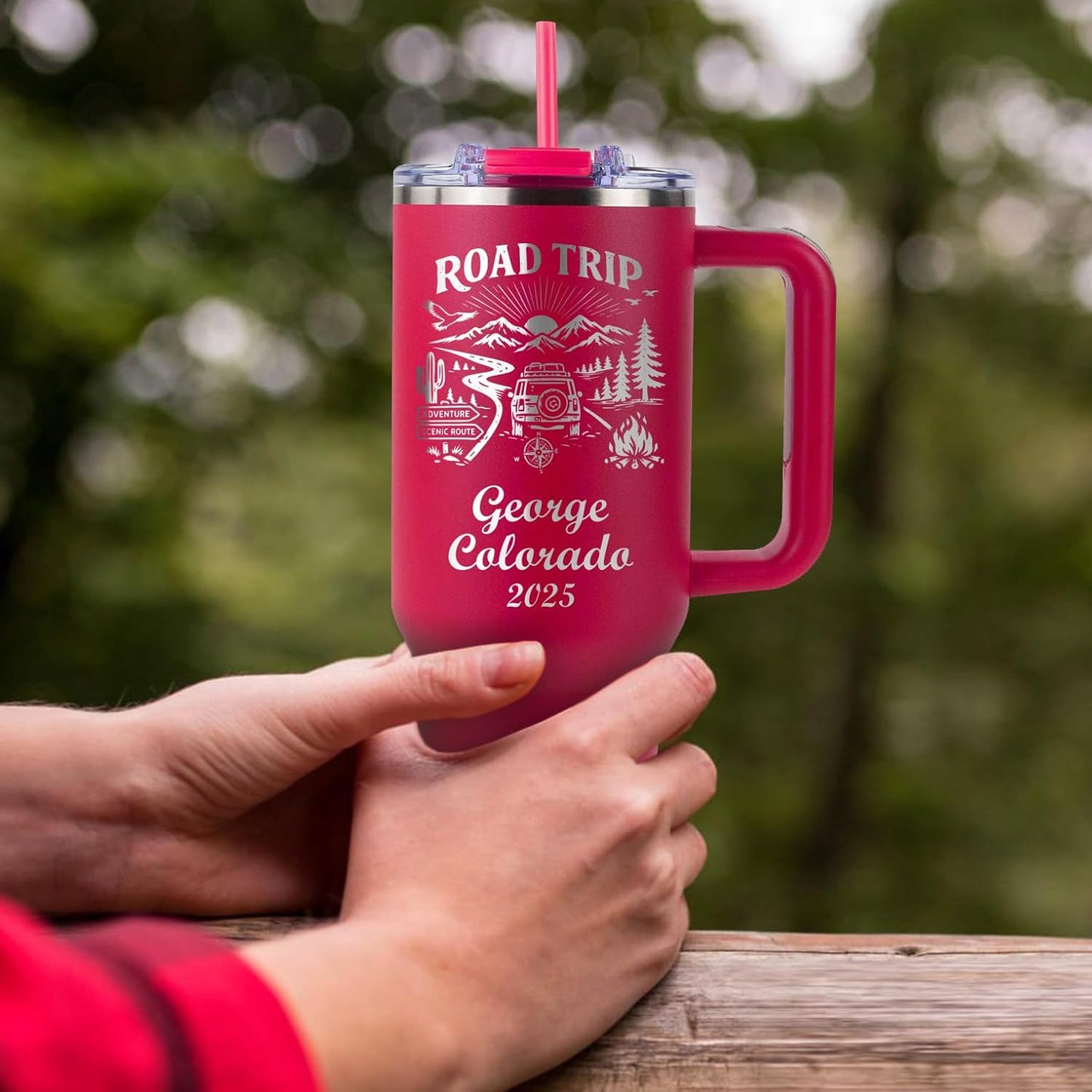 Personalized Vacation Tumbler 40 oz – Engraved Tumbler, With Handle, 2 Straws, Brush and Pad, for Family Vacation, Girls Trip & Cruise, Beach & Road Trip Cup, Durable Powder Coated, Made in USA