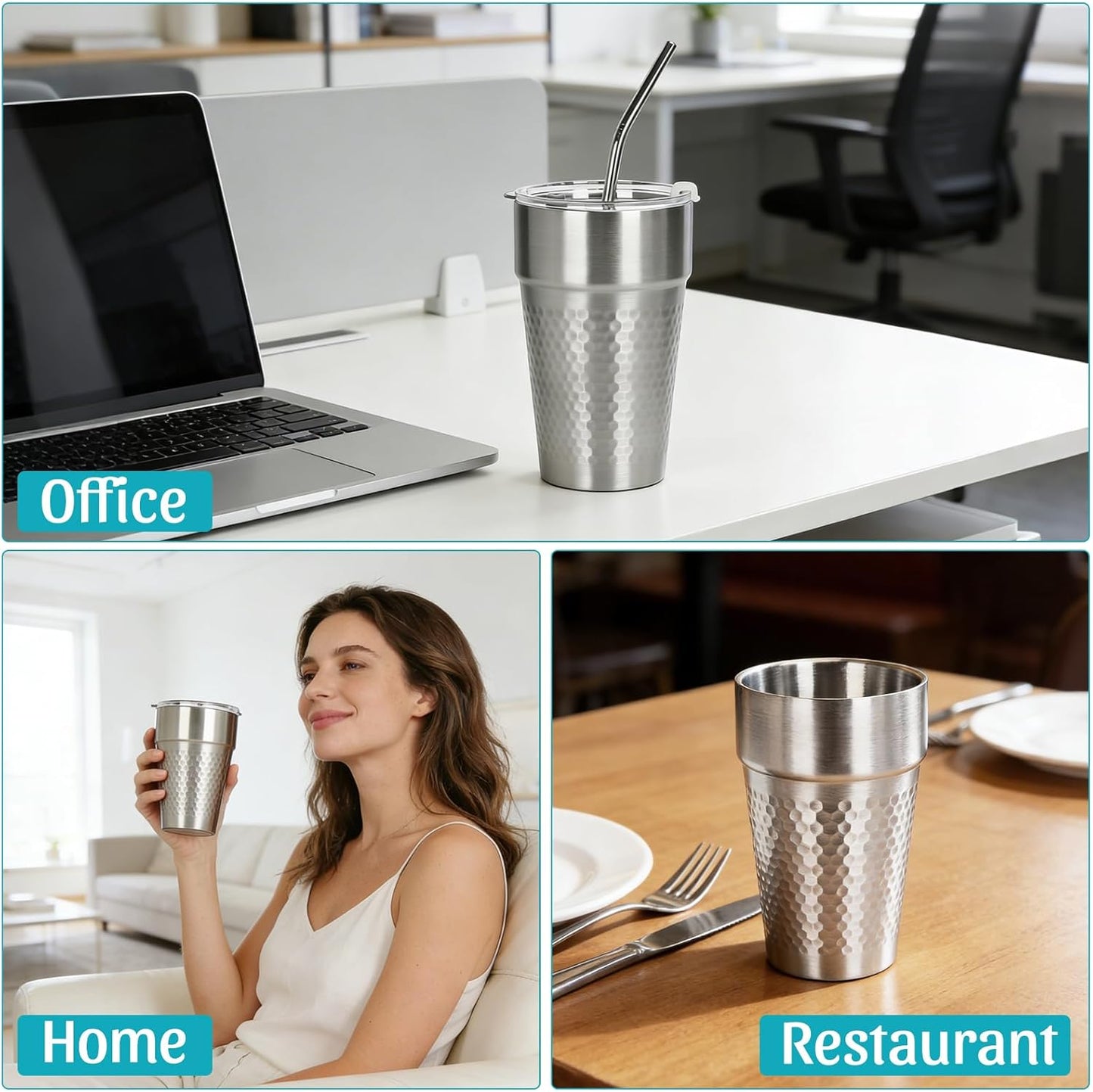 15oz Stainless Steel Tumbler with Lid and Straw, 3 Pack Double Wall Vacuum Insulated Drinking Glasses, Sweat-Proof Metal Cup Suitable for Ice Drinks and Hot Beverage