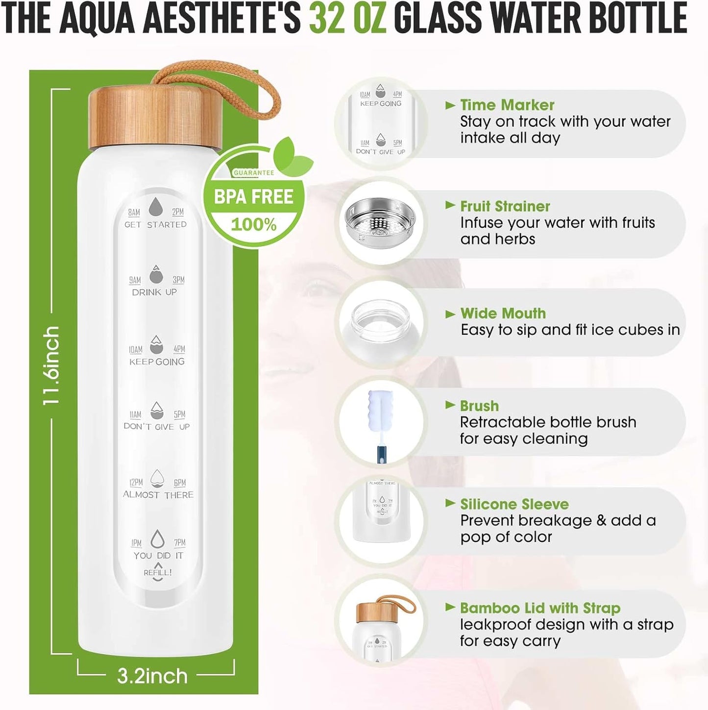 Aqulea Glass Water Bottles 25 Oz with Silicone Sleeve - BPA Free Reusable Wide Mouth Glass Motivational Water Bottles with Fruit Infuser – Leak Proof Borosilicate Water Bottle with Time Marker (White)