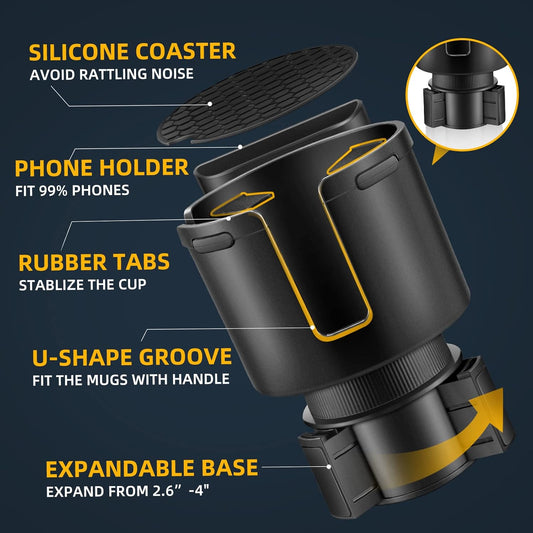TYKOR Car Cup Holder Expander, Cup Holder Extender Adapter for Car with Adjustable Base, Fits YETI 24/36/46oz, HydroFlask 32/40oz, Large Water Bottles in 2.7"-4.2" (16-46 OZ)