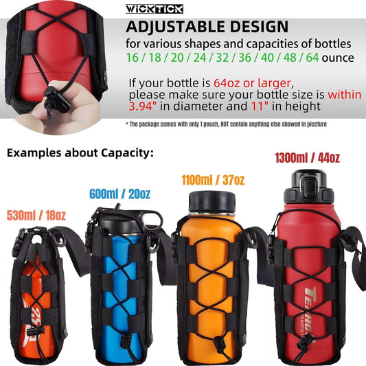 WICKTICK Molle Water Bottle Holder Pouch 16 24 32 40 64 oz - Multi-Purpose Tactical Fuel Bottle Bag, Adjustable Size for Outdoor Activities, Adapted to Backpack/Vest/Belt