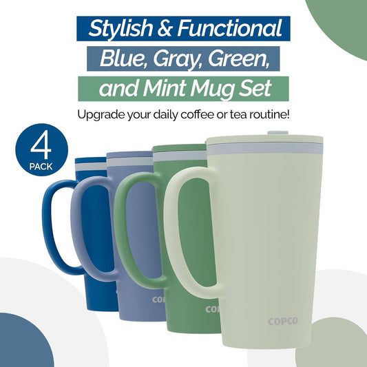 Copco Cone Desk Mug, 16 oz (Set of 4) - Double Wall Insulated Mugs with Handle, Reusable Plastic Tumblers with Twist-Off Spill Resistant Lid, BPA-Free, Microwave & Dishwasher Safe (Assorted Colors)