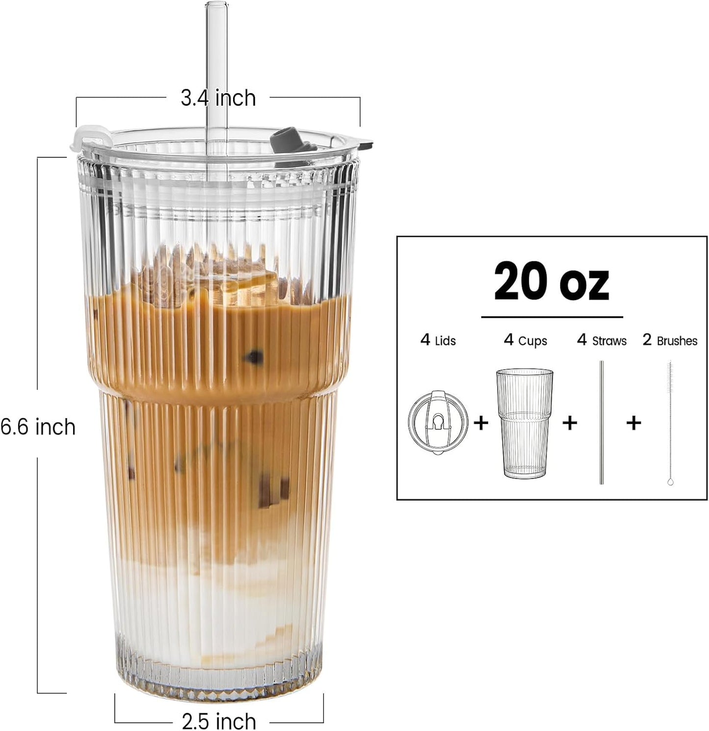 TUZAZO 20 Oz Ribbed Glass Tumblers with Lids and Straws - 4 Pack Reusable Glass Coffee Cups with Straws and Lids, Thicken Glass, Ideal for To Go Iced Coffee