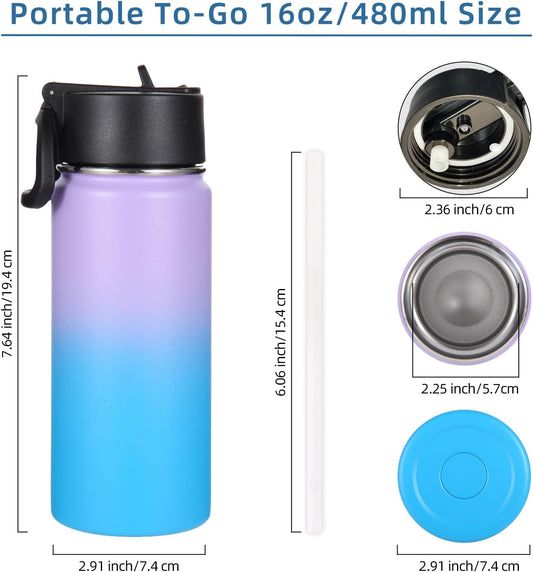 Volhoply 16 OZ Kids Water Bottle Bulk 8 Pack,Insulated Sports Bottles with Straw Lid,Stainless Steel Bottle with Handle Keep Cold & Hot,Double Wall Vacuum Tumbler Cups for School(Eight Color, 8)