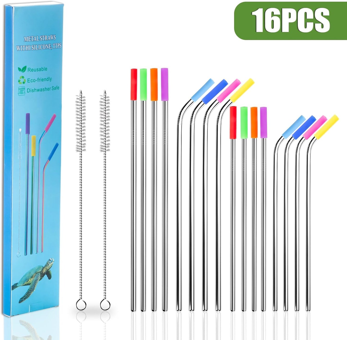 Lazycorner 16 Pcs Metal Straw Reusable 8.5" 10.5" 6mm Stainless Steel Straws for Tumblers 20oz-32oz, Rainbow Drinking Straws with Silicone Tips, 4 Straw Cleaner Brush, 1 Travel Case