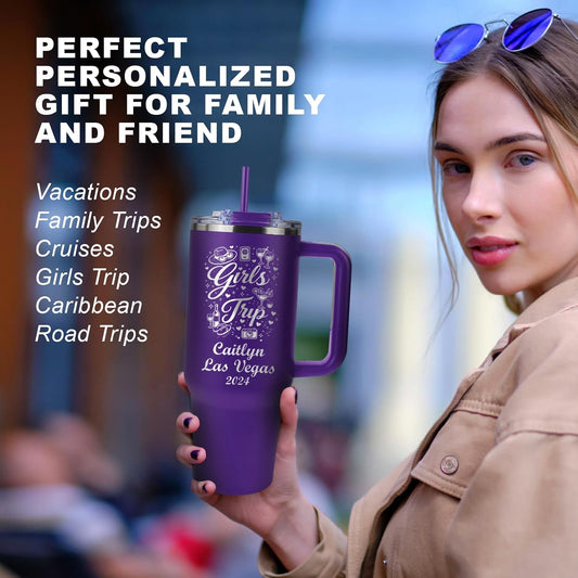 Personalized Vacation Tumbler 40 oz – Engraved Tumbler, With Handle, 2 Straws, Brush and Pad, for Family Vacation, Girls Trip & Cruise, Beach & Road Trip Cup, Durable Powder Coated, Made in USA