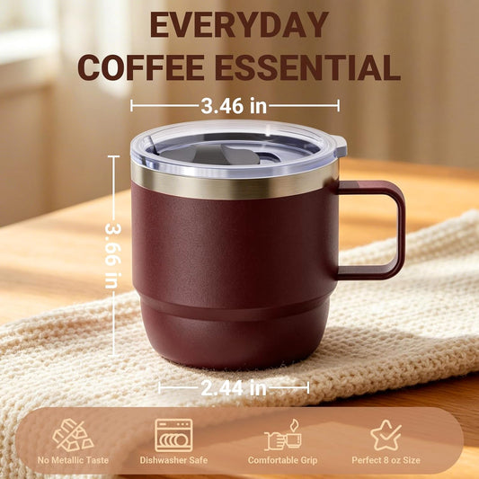 Zenbo 8 oz Small Coffee Mug with Magnetic Sliding Lid & Handle, Ceramic-Lined 18/8 Stainless Steel, Double-Wall Vacuum Insulated Espresso Coffee Cup, Stackable & Dishwasher Safe, White